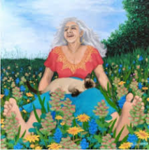 Happy crone with cat